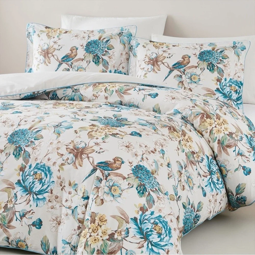 NEW Anthro White Blue Floral Bird Cotton Boho Queen King Bedding Duvet Sham Set - Picture 5 of 14